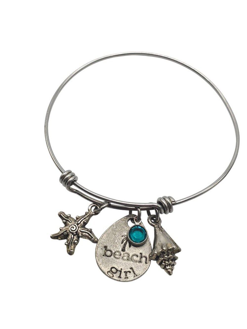 Beach Girl Silver Bangle Bracelet With Starfish Shell & Aqua Gem Charms Nautical